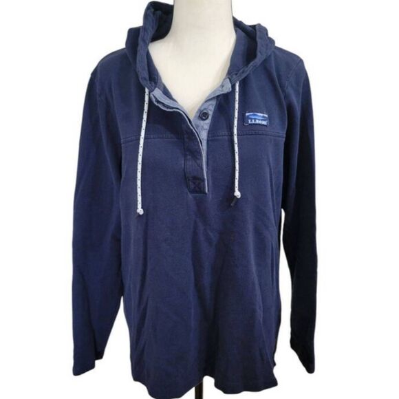 L.L. Bean Womens 1/4 Button Up Hoodie Pullover Sz Large Cotton Navy - Picture 1 of 7